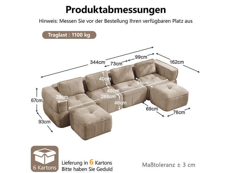  Canapé panoramique en u 4 places modulaire avec 2 poufs, mousse haute densité 32d, en polyester beige  - Conforama C