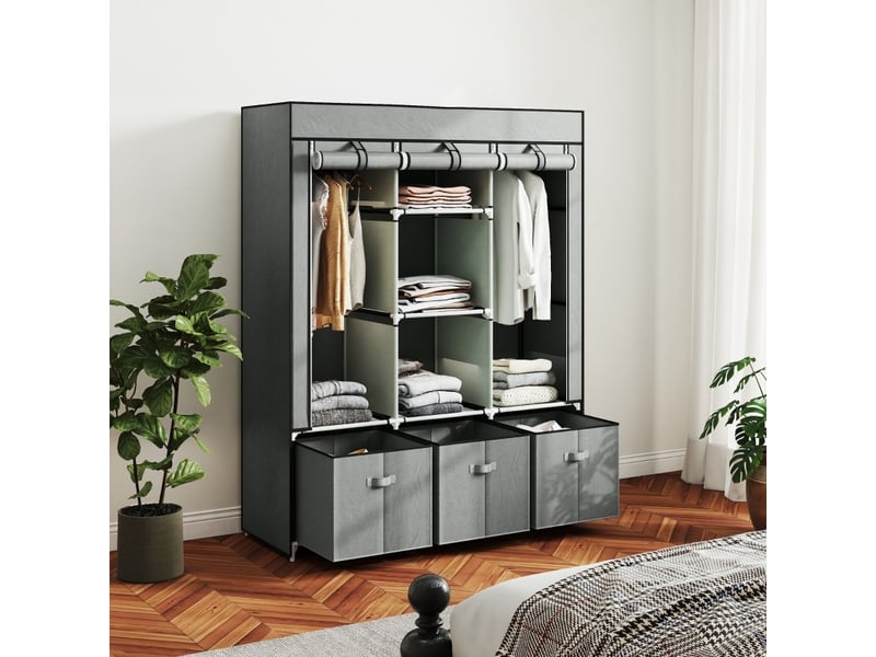 Armoire en tissu avec 2 barres de penderie 3 tiroirs 5 étagères pour chambre et dressing en acier gris clair - Conforama B