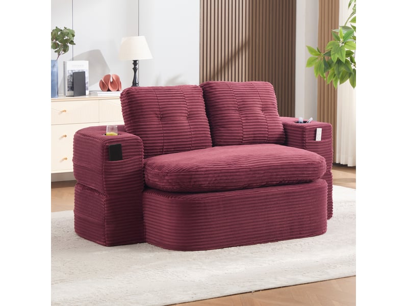  Fauteuil convertible 2 places avec accoudoirs amovibles, porte-gobelets et poches en velours côtelé rouge vin  - Conforama B