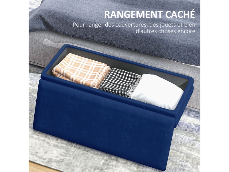  Banc banquette coffre de rangement 2 en 1 assise aspect velours et acier pieds - 100 x 37,5 x 42 cm bleu et doré  - Conforama E
