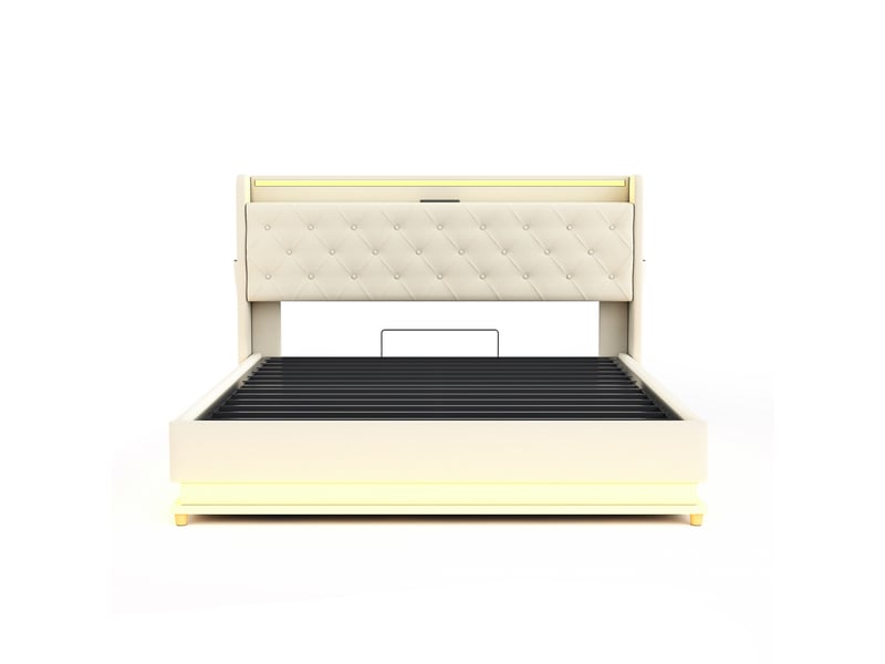  Lit adulte capitonné 160 x 200 cm,lit coffre avec led, port de chargement usb et rangement hydraulique, tissu lin doux pour la peau beige lit adulte beige - Conforama D