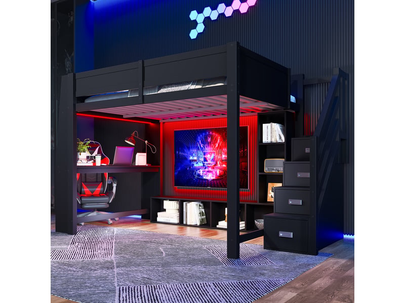 Lit mezzanine 140x200 cm noir, avec bureau, rangements, placards, escalier de rangement 3 compartiments, led, sommier inclus, sans matelas - Conforama B