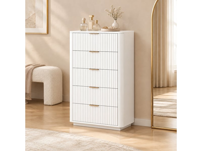  Commode 5 tiroirs à fermeture douce et anti-basculement - lpospi - coins arrondis, poignées métal, mdf blanc  - Conforama C