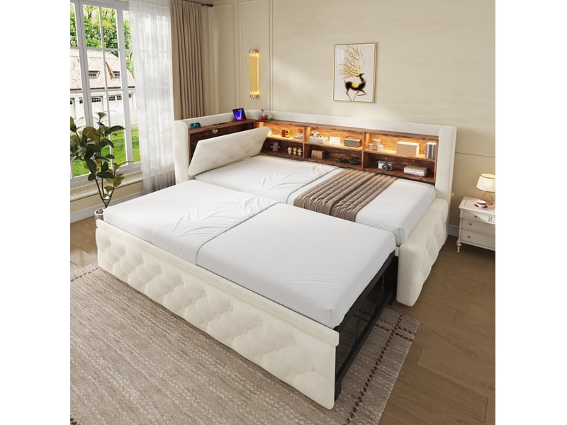  Lit simple 90x190 cm convertible avec rangement en velours beige  - Conforama D