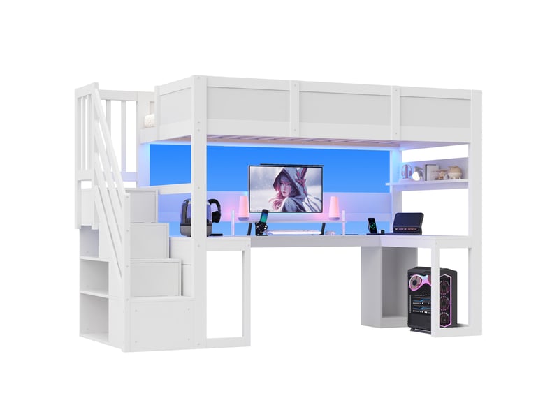  Lit mezzanine 90x200 cm avec bureau, escalier avec rangements, éclairage led et port usb, mdf, blanc sans matelas  - Conforama A