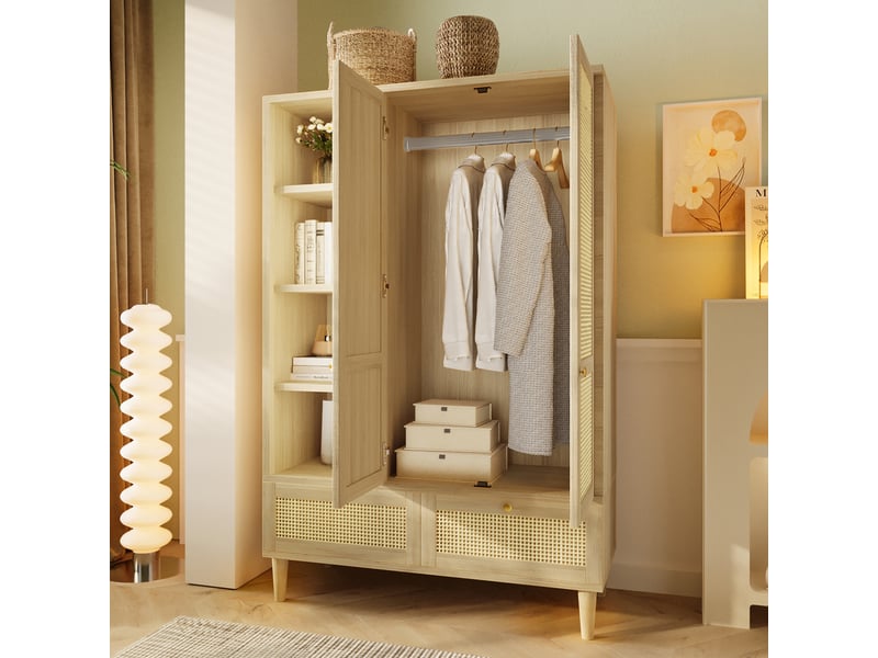  Armoire de chambre 180x120x50 cm avec portes en cannage rotin, armoire dressing avec tringle, étagères, 2 tiroirs et pieds en bois massif, effet chêne Seren Glow - Conforama E