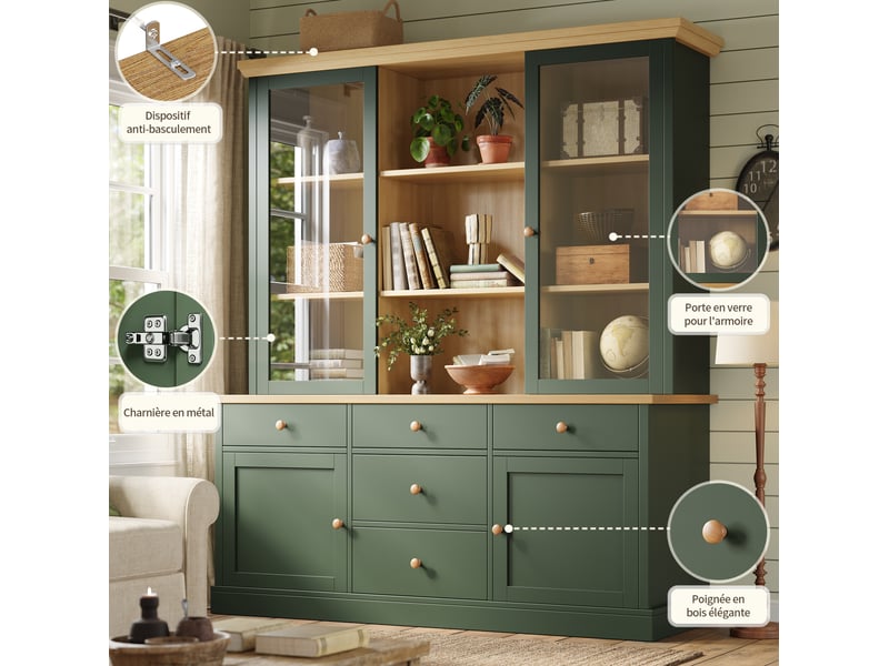  Buffet haut avec portes vitrées et 5 tiroirs, 140x40x185 cm, vert  - Conforama D