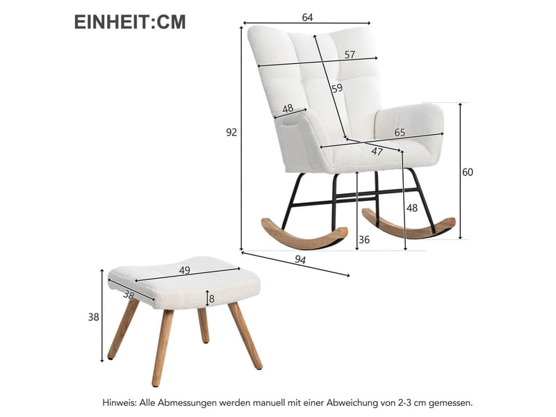  Fauteuil à bascule relax - 94x64x92 cm - avec repose-pieds en tissu bouclé pieds bois et métal - blanc  - Conforama E