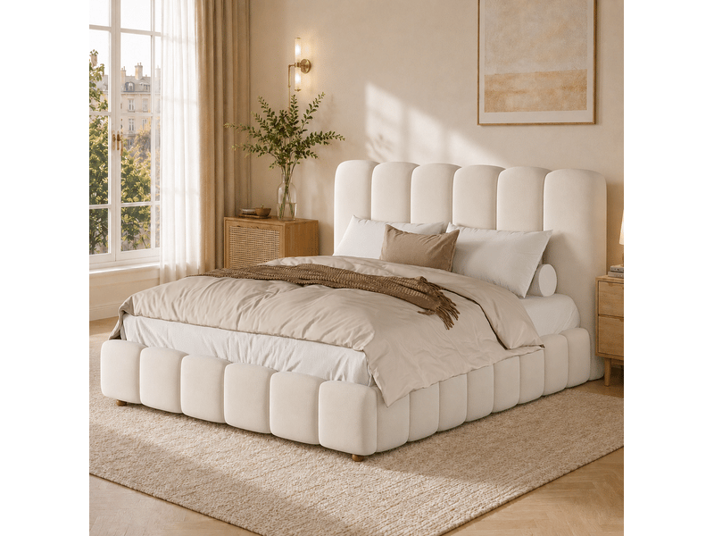  Lit coffre 140 × 190 cm 2 places avec rangement hydraulique, tête de lit rembourrée, sans matelas, velours beige  - Conforama C