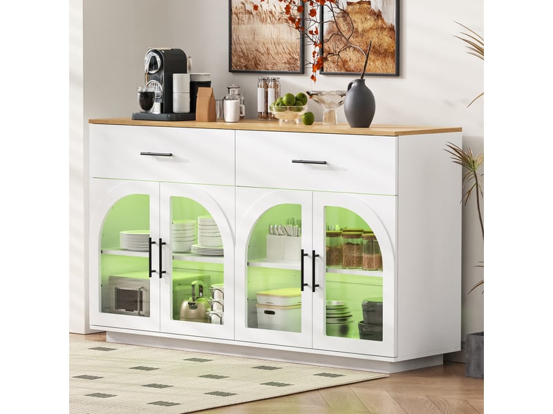  Buffet de cuisine 147 x 40 x 86 cm avec éclairage led, 2 tiroirs, 4 portes et étagères, blanc et bois naturel, en mdf  - Conforama D