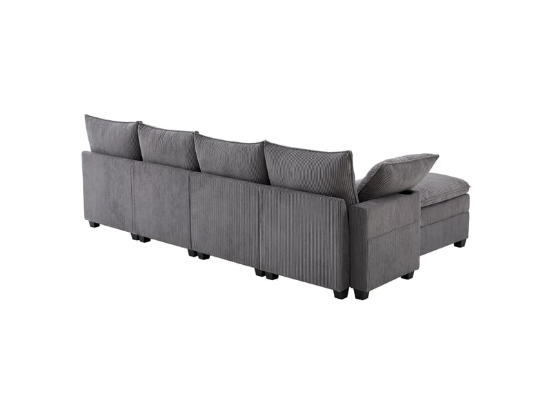  Canapé d'angle l lora gris en velours côtelé avec pouf amovible, usb, rangements et porte-gobelets  - Conforama E