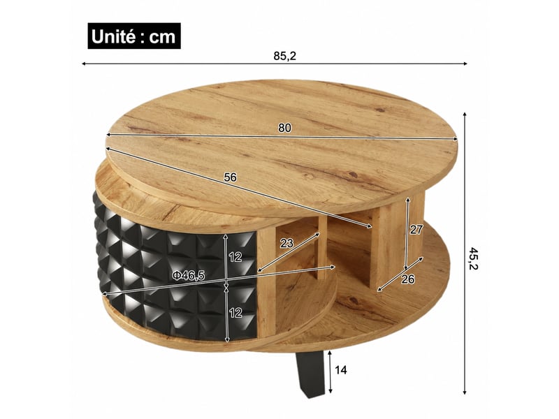  Table basse pivotante à 360° avec rangement caché, bois naturel et noir, 85,2 x 80 x 45,2 cm  - Conforama C