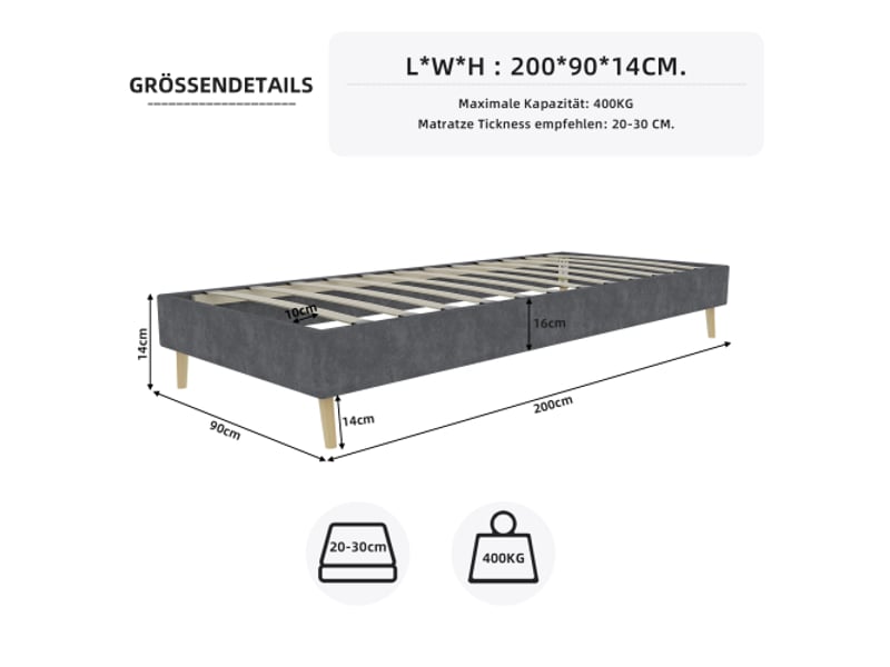  Lit coffre 90x200 cm, avec tête de lit vendue séparément, en tissu et métal, gris, sans matelas  - Conforama C