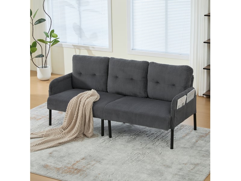  Canapé droit 3 places 171x72x80 cm en velours côtelé gris avec poche latérale  - Conforama B