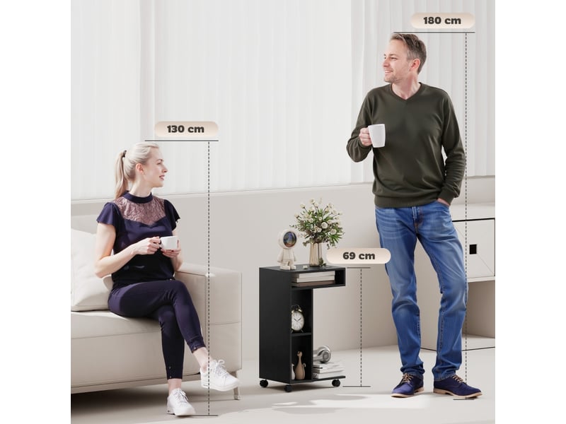  Table d’appoint en c à roulettes avec 3 compartiments - lpospi - freins et patins feutre bois noir 40 × 30 × 69 cm  - Conforama E