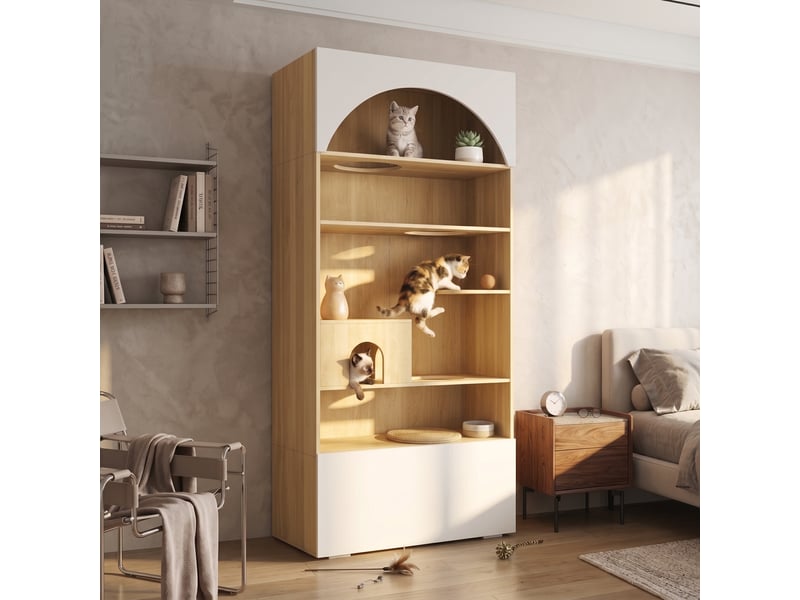  Meuble 90 x 50 x 200 cm avec niche, plateformes et espace de rangement, blanc effet bois  - Conforama D