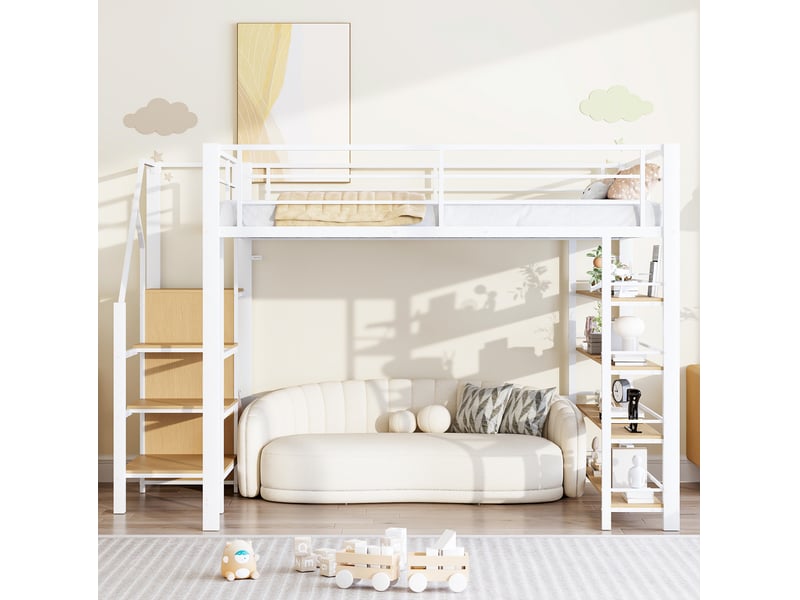  Lit mezzanine 140x200 cm avec escalier de rangement et étagères blanc  - Conforama E