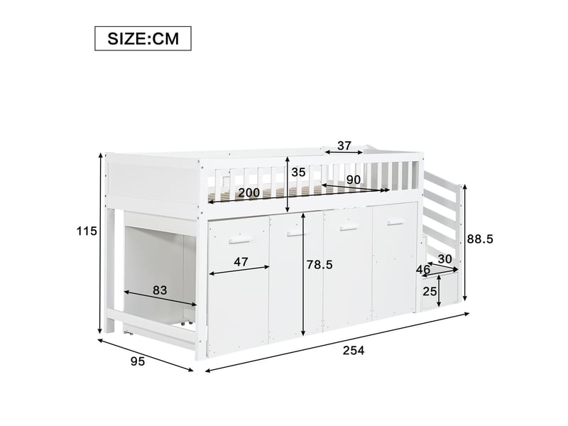  Lit superposé 90 x 200 cm protection anti-chute et barrières bureau armoire et rangements 2 rangements dans l'escalier  - Conforama C