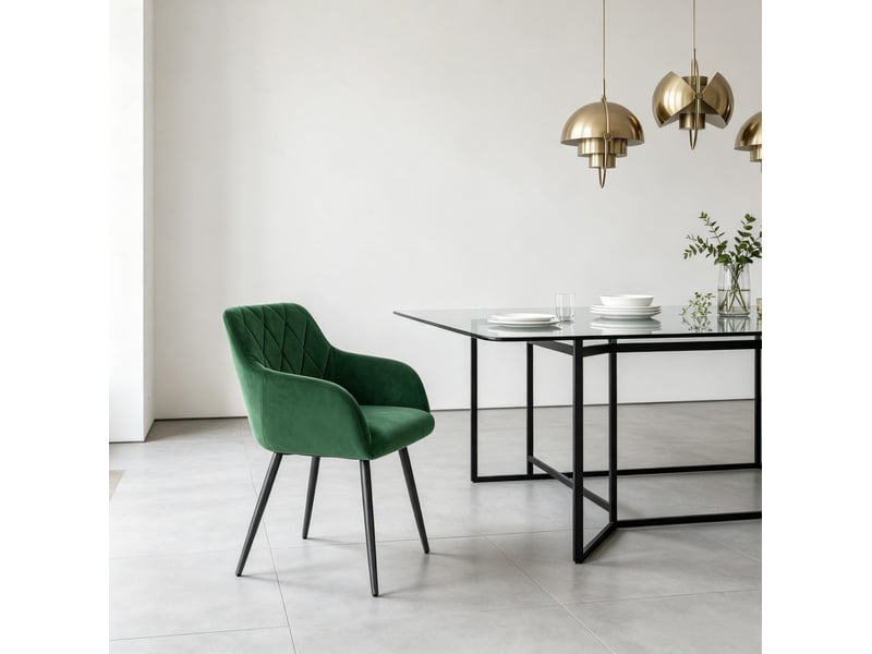  Chaise de salle à manger en velours vert foncé, accoudoirs et pieds en métal  - Conforama D