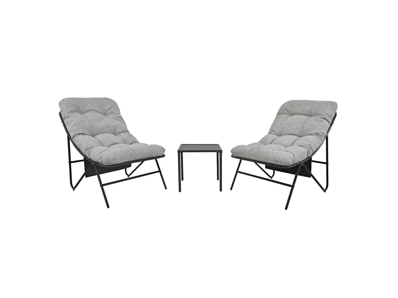Ensemble bistro de jardin gris 3 pièces, 2 fauteuils avec coussins épais, table basse, cadre en acier thermolaqué, mobilier extérieur terrasse balcon, 40933 - Conforama B