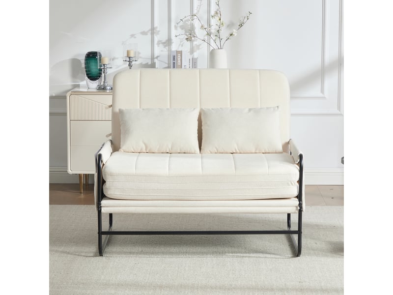 Fauteuil convertible 2 places avec poches latérales et coussin lombaire, structure métal, chenille beige - Conforama B
