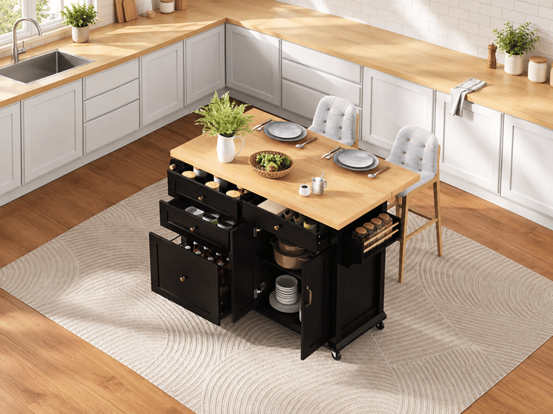  Îlot de cuisine 107 cm, plateau rabattable, 4 tiroirs dont rangement compartimenté, 2 portes, roulettes, noir et bois  - Conforama B