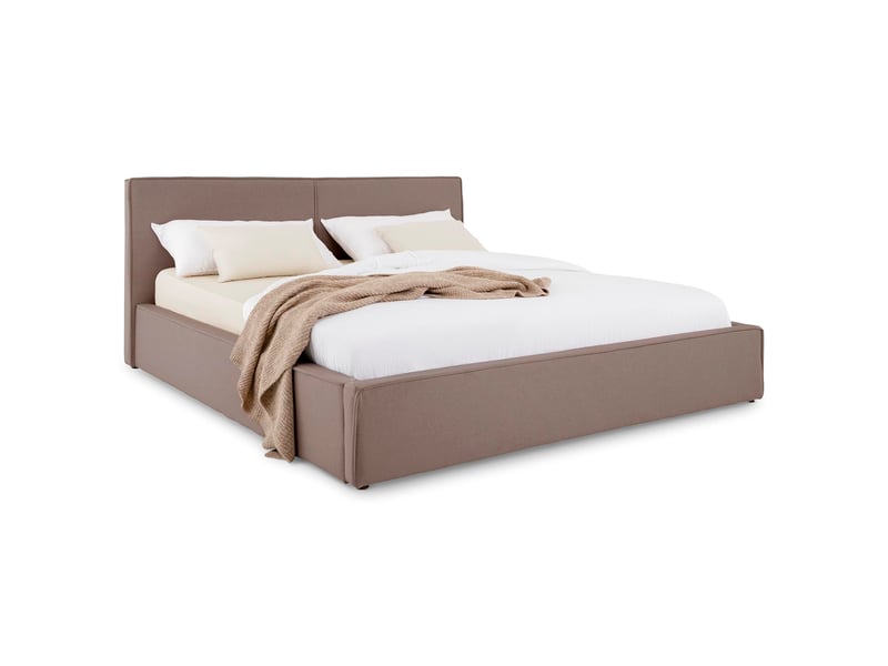 Lit double calm rembourré 160 x 200 cm avec tête de lit en tissu et sommier - beige - Conforama A