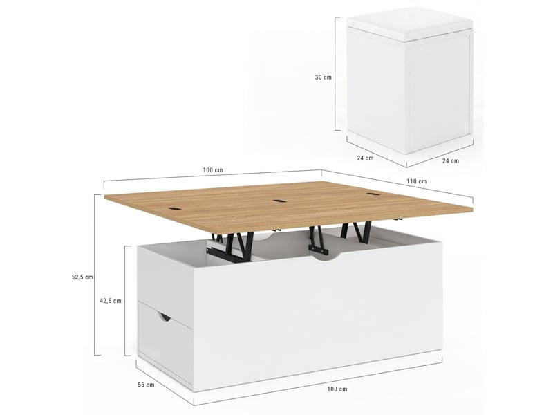  Table basse plateau relevable convertible en table à manger elea 100 cm avec 2 poufs et tiroir bois blanc et façon hêtre  - Conforama E