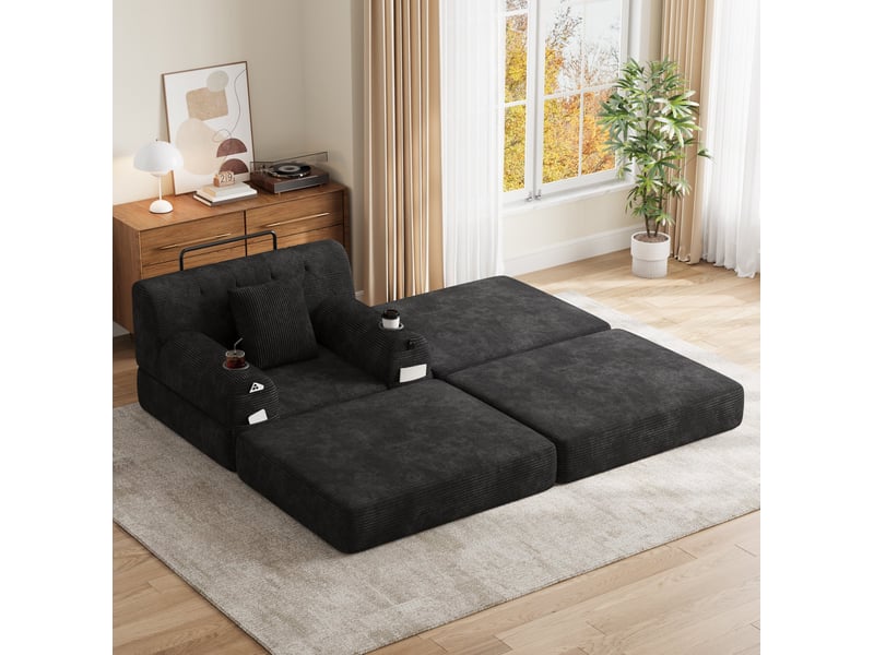  Fauteuil convertible 1 place avec pouf, couchage, 4 poches et 2 porte-gobelets en velours côtelé noir  - Conforama B