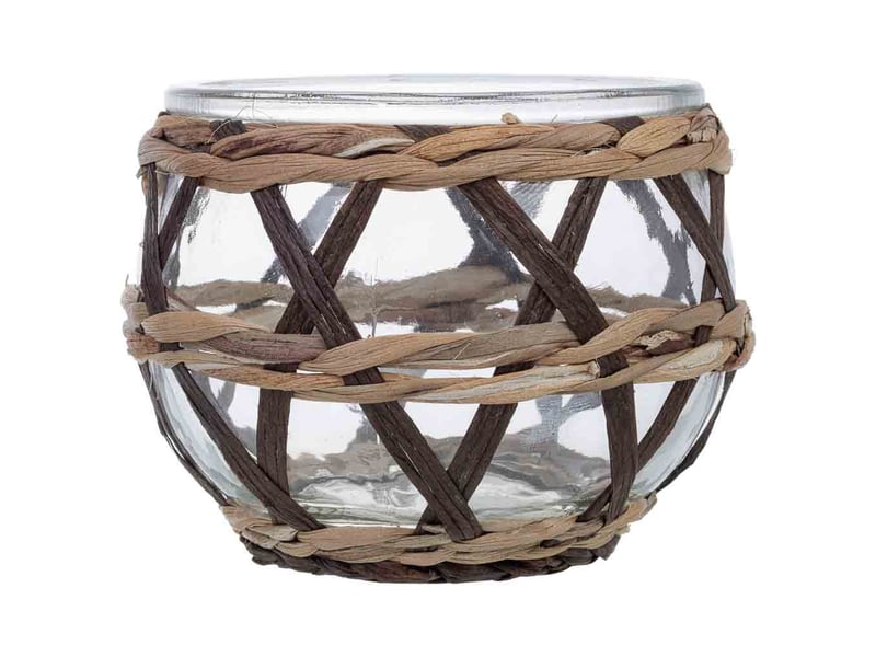  Bougeoir en verre recouvert de fibres naturelles marron, d11x8,5h cm  - Conforama B