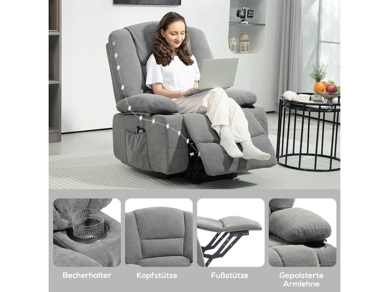 Fauteuil releveur électrique gris foncé, relax avec fonction allongée, massant chauffant pour salon et espace tv - Conforama B