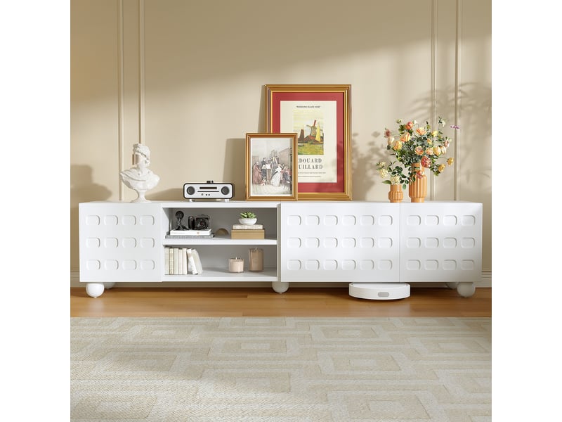  Meuble tv blanc 200x40x44 cm, 3 portes, design imprimé, avec 5 pieds, tv jusqu'à 80 pouces  - Conforama B
