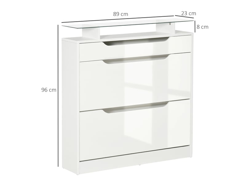  Meuble à chaussures 2 portes étroit, pour 16 paires, avec tiroir, étagère ouverte et plateau verre. Idéal entrée, couloir, 89 x 23 x 96 cm, blanc  - Conforama C