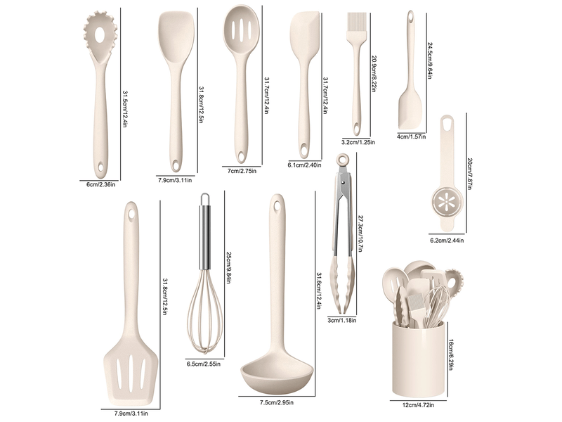 Set de 12 ustensiles de cuisine,meulva,33,5x12,5x12,5 cm,silicone,kaki - Conforama C