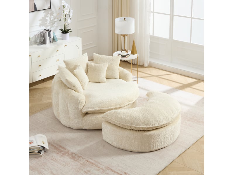  Fauteuil rond surdimensionné 138x190.5x63 cm, dossier large, coussins inclus, mousse dense, polyester, beige  - Conforama B