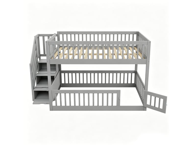  Lit mezzanine 140x200 cm en bois gris avec échelle sécurisée, tiroirs et rangements sans matelas  - Conforama D