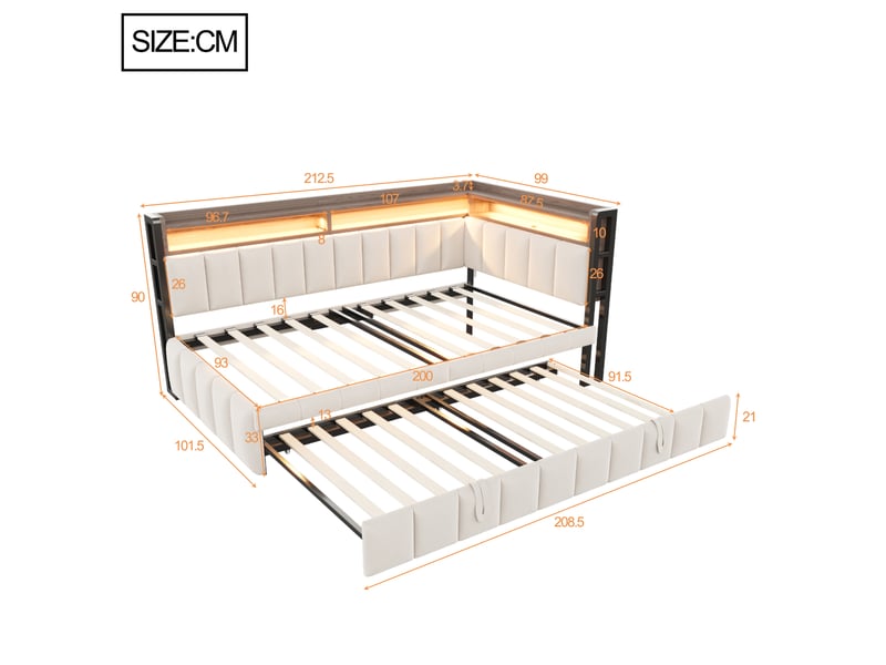  Lit banquette - 90x200 cm - éclairage led - usb et usb-c - sommier à lattes - velours - lit gigogne - gain de place - beige CozyNest - Conforama D