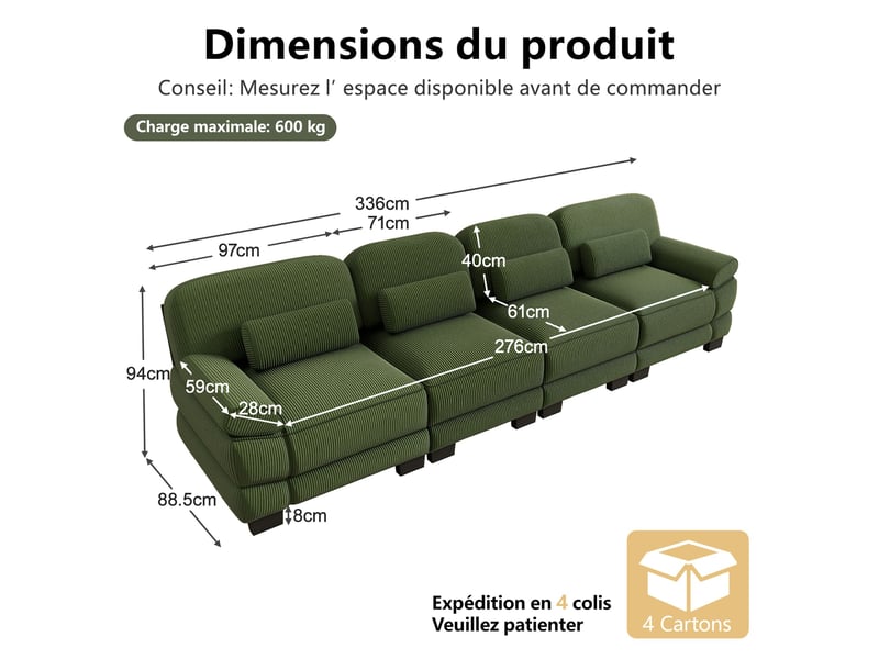Canapé droit modulable 336 cm 4 places, design carré épuré, base et accoudoirs à matelassage en canaux, coussin lombaire, velours côtelé, vert - Conforama D