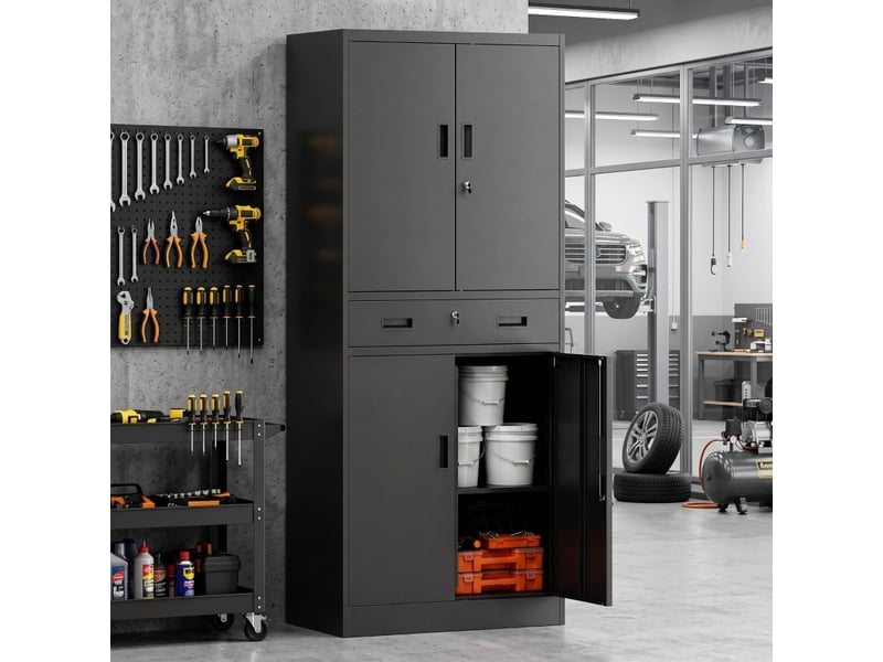  Armoire métallique 180 cm, armoire à outils avec portes verrouillables, tiroir et étagères réglables, noire  - Conforama B