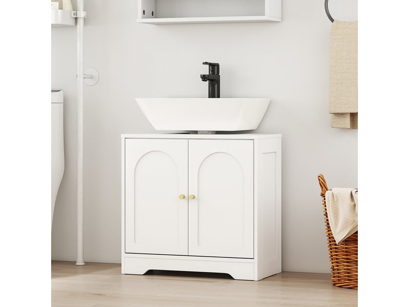  Meuble sous lavabo salle de bain avec placard à portes et étagère réglable, pour bassin avec ou sans pédestal, blanc  - Conforama D