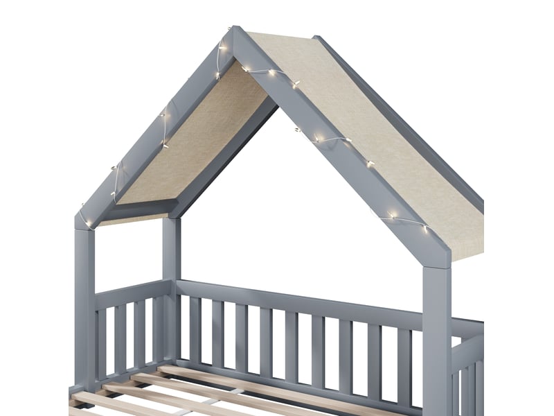  Lit cabane enfant 140x200 cm gris bois, toit tissu, guirlande lumineuse, sommier à lattes inclus  - Conforama E