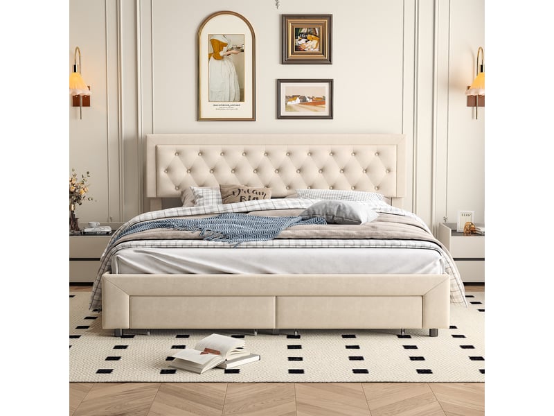 Lit double 160x200cm, lit coffre avec rangement hydraulique et 2 tiroirs, lit adulte avec sommier à lattes, lit capitonné en velours beige, sans matelas - Conforama R