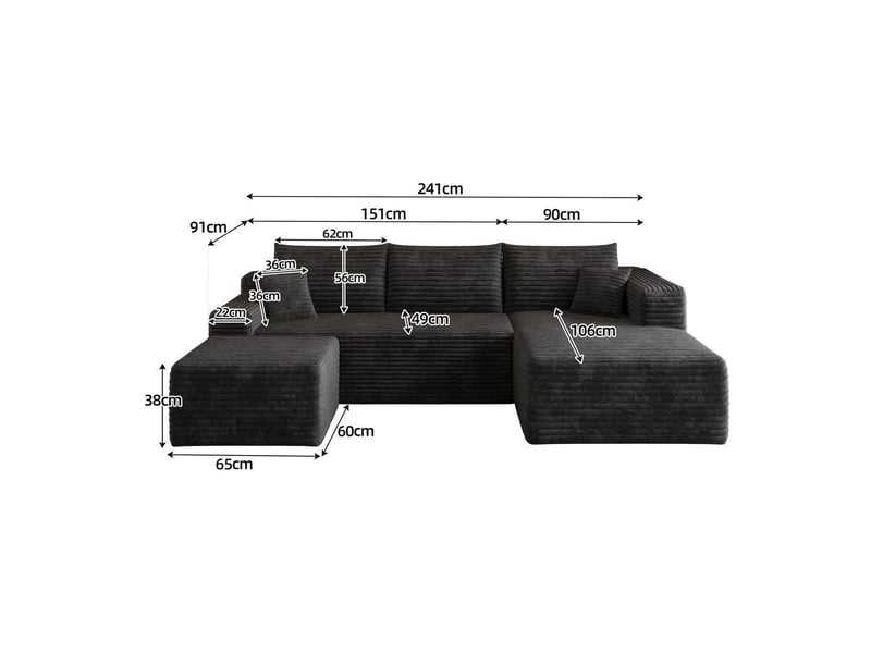  Canapé d'angle l 4 places en velours côtelé noir, 241 cm, assise profonde avec méridienne, sans montage Y152-R-CHAISE-2SEATER-1O-BLACK - Conforama E