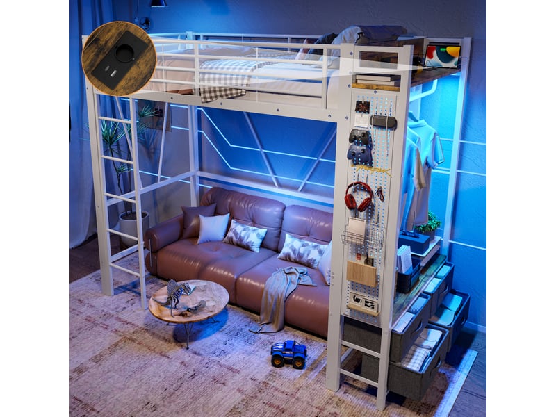  Lit mezzanine 200×90 cm avec 4 tiroirs, étagères, éclairage led et ports usb et usb-c, sans matelas, blanc  - Conforama C