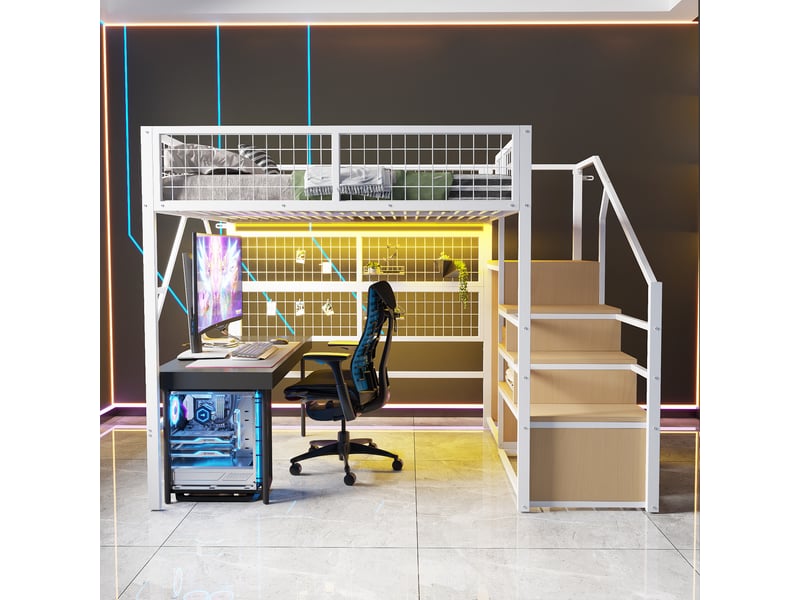  Lit superposé en métal 140*200 cm blanc, escalier avec rangement, ruban led application et penderie ouverte  - Conforama C