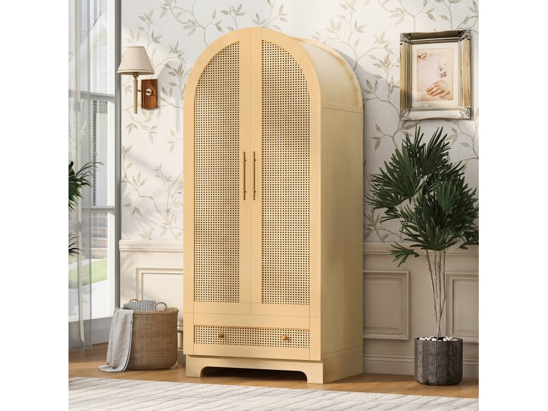  Armoire 2 portes, 2 tiroirs et niche de rangement, portes imitation rotin, pour chambre, bois 70 × 55 × 170 cm  - Conforama B