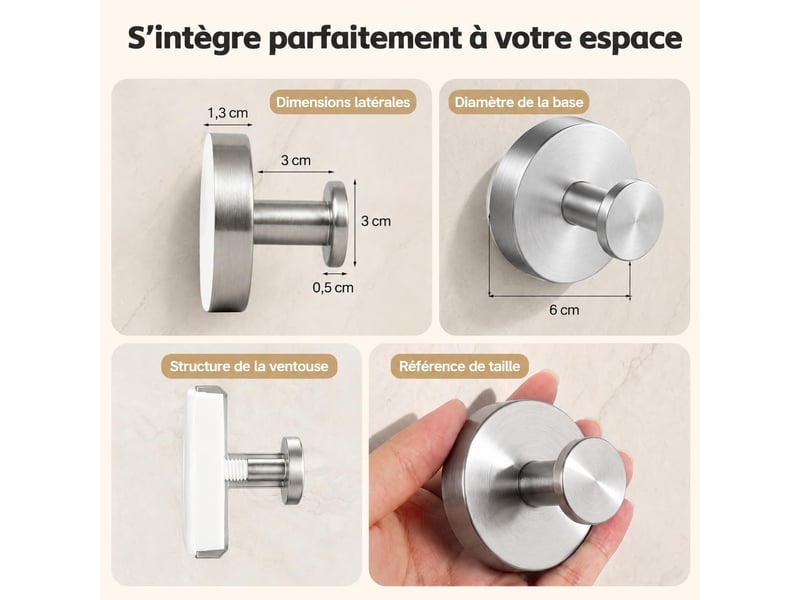 Lot de 2 crochets muraux à ventouse argentés - fixation sans perçage, réutilisables et étanches pour salle de bain, cuisine et douche, gris  - Conforama B