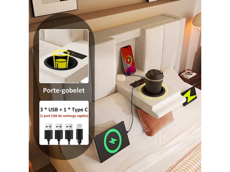  Lit coffre 90x200 cm avec port usb et porte-gobelet, sommier inclus, beige  - Conforama C