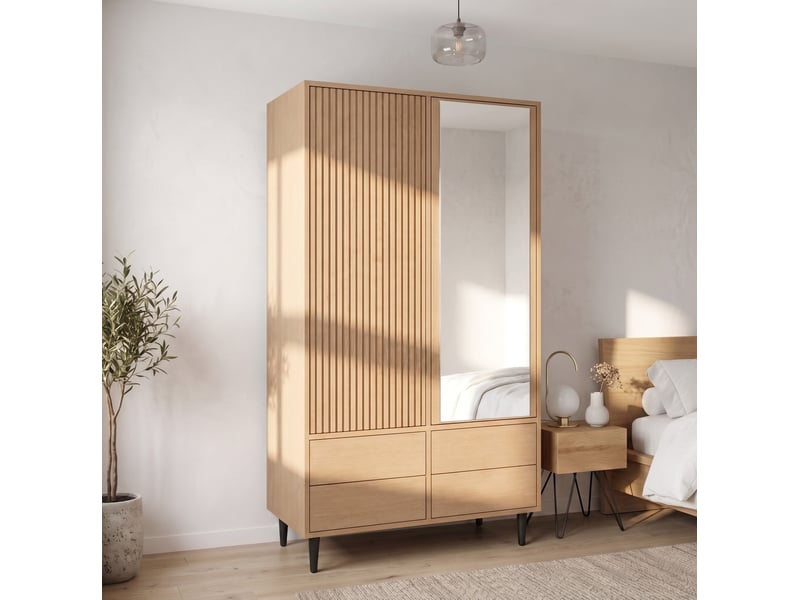 Armoire 2 portes avec miroir, 4 tiroirs et penderie en mdf bois clair, 90 x 45 x 200 cm pour votre chambre - Conforama B