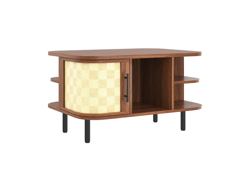  Table basse 80x60x46.5 cm - forme galbée arrondie avec façades effet tressé - niches ouvertes, placards latéraux et pieds en métal – bois de noyer  - Conforama C